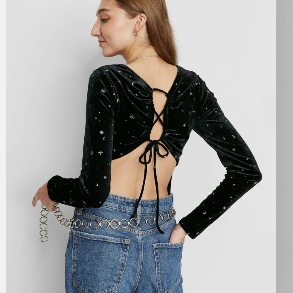Wild Fable long sleeve velvet bodysuit with tie in back and night sky design